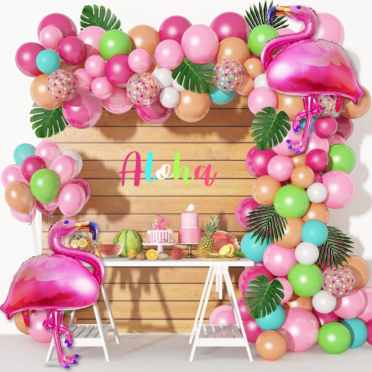 136Pcs Tropical Balloon Arch Garland Kit, Flamingo Luau Balloons of Hot Pink Rose Gold Fruit Green Blue & Palm Leaves for Tropical Party Decorations Hawaiian Aloha Birthday Wedding Decor